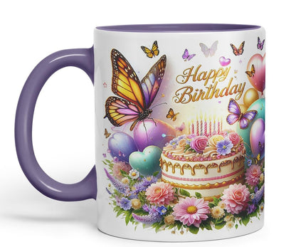 Vixar Happy Birthday Butterflies Over Cake Coloured Ceramic Mug Cup Gift 11oz V12 (Black)