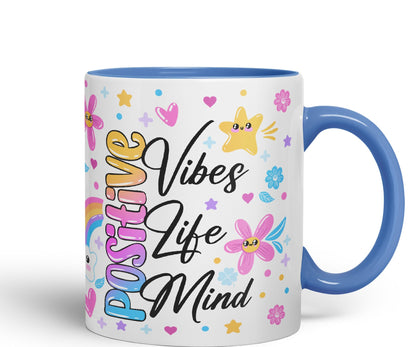 Positive Vibes Life Mind Presents Coloured Ceramic Mug Cup Gift 330ml 11oz Work Office Tea Coffee Gift