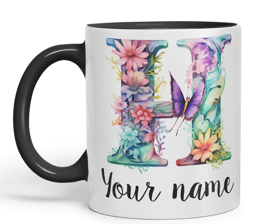 Personalised Letter H mug, Customized Custom Floral flowers butterfly Alphabet Letter H Monogram watercolour Ceramic Coloured Mug Cup for Tea Coffee Hot brew 330ml 11Oz Gift