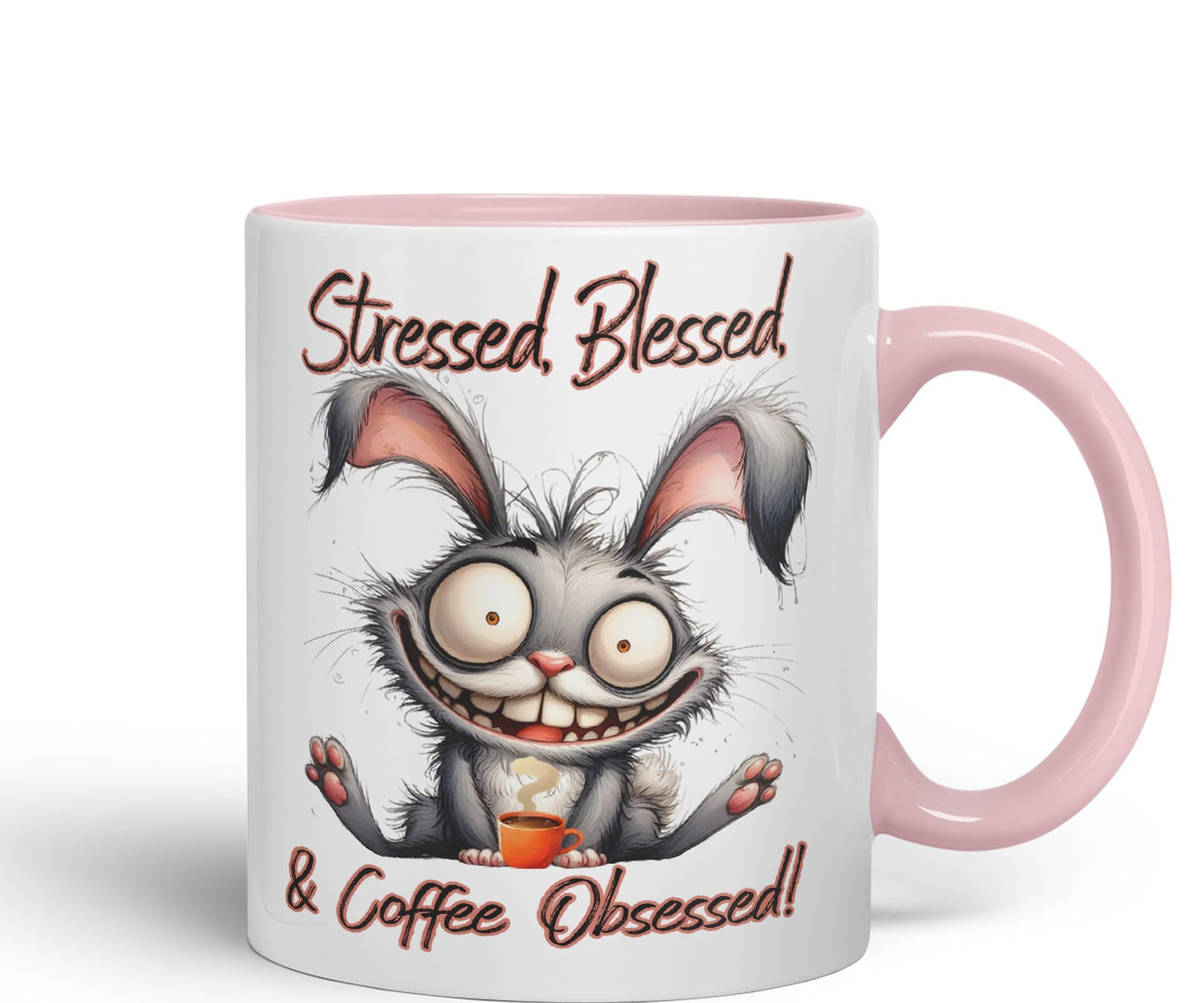 Stressed, Blessed & Coffee Obsessed! Bunny Hare Joke sarkasm Sarcastic Ceramic Coloured Mug Cup for Tea Coffee Hot Brew 330ml 11Oz Gift