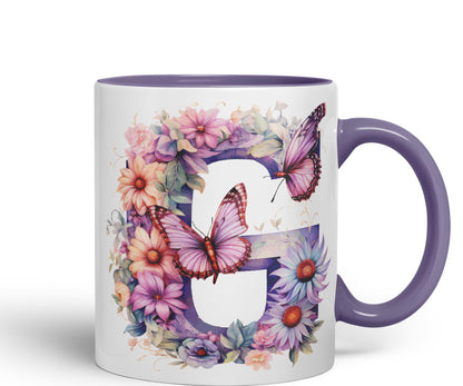 Letter G mug, Floral flowers butterfly Alphabet Letter G Monogram watercolour Ceramic Coloured Mug Cup for Tea Coffee Hot brew 330ml 11Oz Gift