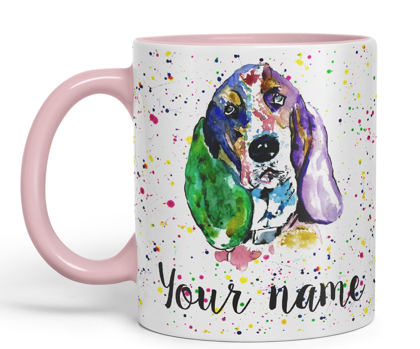 Personalised mug with Your Text name Basset Hound Hunting Dog Pet animals Watercolour Art Coloured Ceramic Mug Cup Gift 330ml 11oz Custom Work Office Tea Coffee