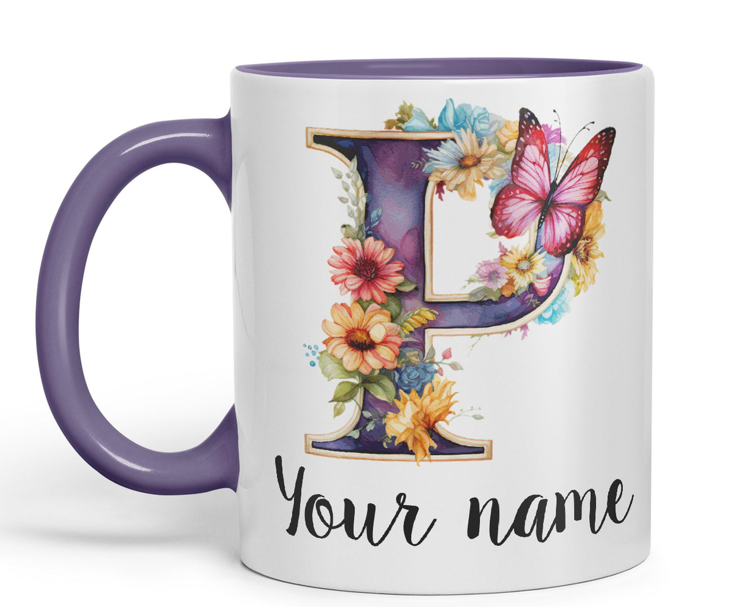 Personalised Letter P mug, Customized Custom Floral flowers butterfly Alphabet Letter P Monogram watercolour Ceramic Coloured Mug Cup for Tea Coffee Hot brew 330ml 11Oz Gift