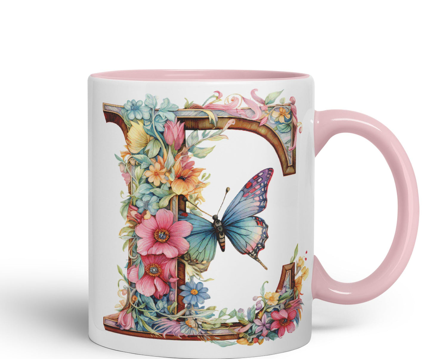 Letter E mug, Floral flowers butterfly Alphabet Letter E Monogram watercolour Ceramic Coloured Mug Cup for Tea Coffee Hot brew 330ml 11Oz Gift