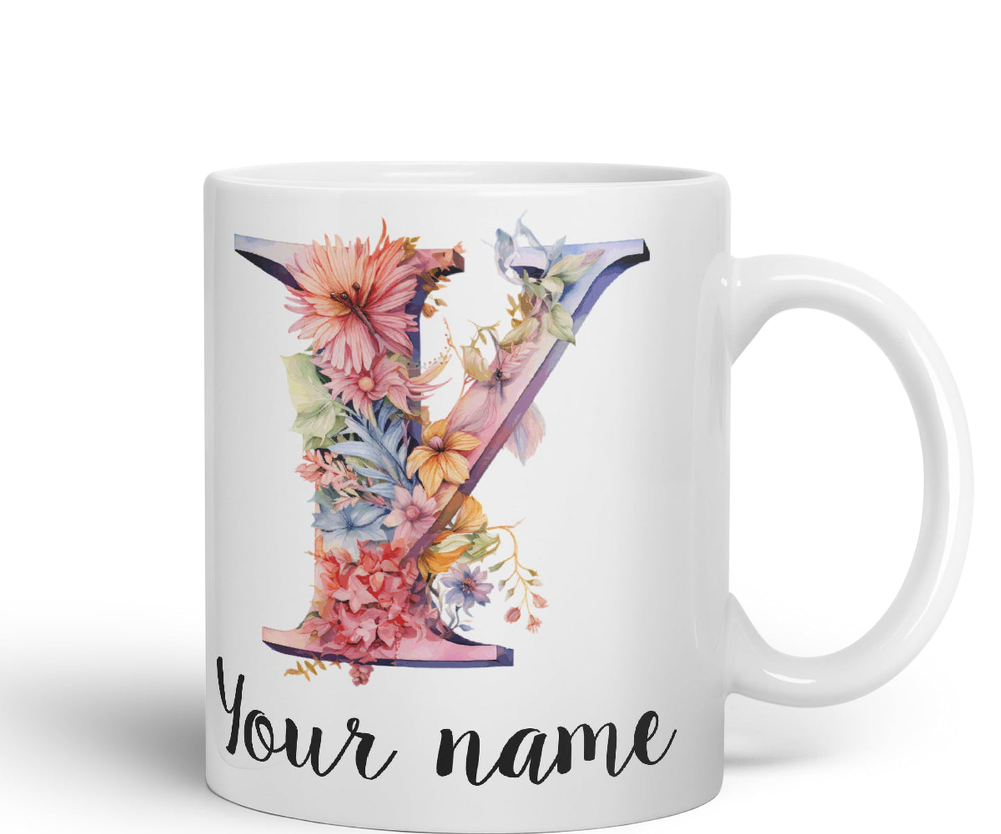 Personalised Letter Y mug, Customized Custom Floral flowers butterfly Alphabet Letter Y Monogram watercolour Ceramic Coloured Mug Cup for Tea Coffee Hot brew 330ml 11Oz Gift