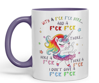 with a f.ck here and… There. I Don't Give a f.ck Unicorn Joke sarkasm Sarcastic Ceramic Coloured Mug Cup for Tea Coffee Hot Brew 330ml 11Oz Gift