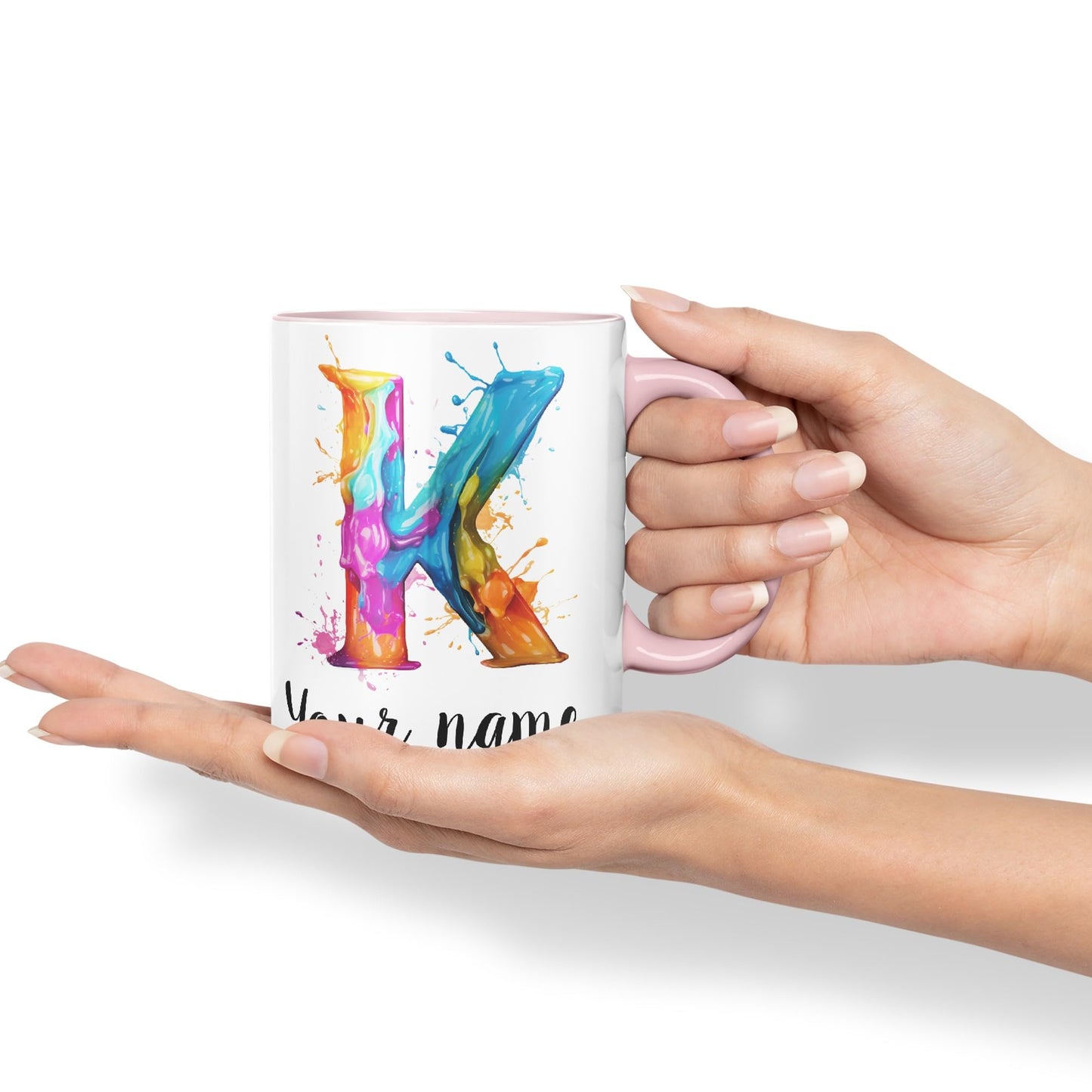 Personalised Letter K mug, Alphabet cusomized custom Letter K Monogram watercolour Ceramic Coloured Mug Cup for Tea Coffee Hot brew 330ml 11Oz Gift