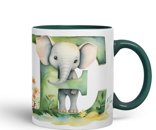 Letter E mug, Animals Alphabet Letter E Monogram animal for kids Ceramic Coloured Mug Cup for Tea Coffee Hot brew 330ml 11Oz Gift