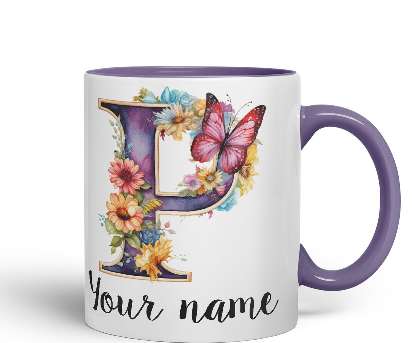 Personalised Letter P mug, Customized Custom Floral flowers butterfly Alphabet Letter P Monogram watercolour Ceramic Coloured Mug Cup for Tea Coffee Hot brew 330ml 11Oz Gift