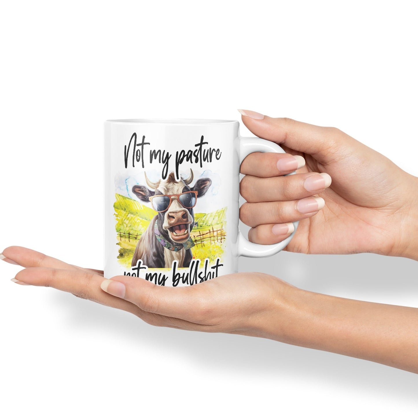 Not My Pasture, not My Bullshit Cow Joke sarkasm Sarcastic Ceramic Coloured Mug Cup for Tea Coffee Hot Brew 330ml 11Oz Gift