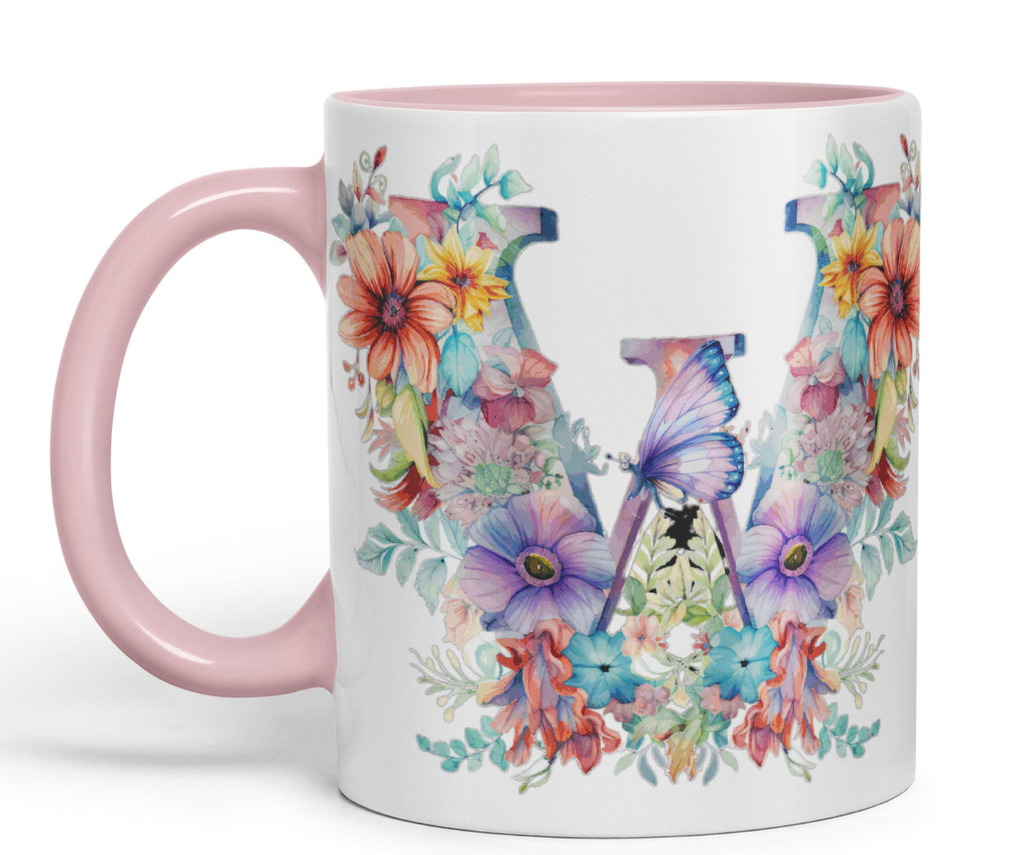 Letter W mug, Floral flowers butterfly Alphabet Letter W Monogram watercolour Ceramic Coloured Mug Cup for Tea Coffee Hot brew 330ml 11Oz
