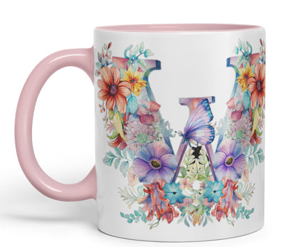 Letter W mug, Floral flowers butterfly Alphabet Letter W Monogram watercolour Ceramic Coloured Mug Cup for Tea Coffee Hot brew 330ml 11Oz