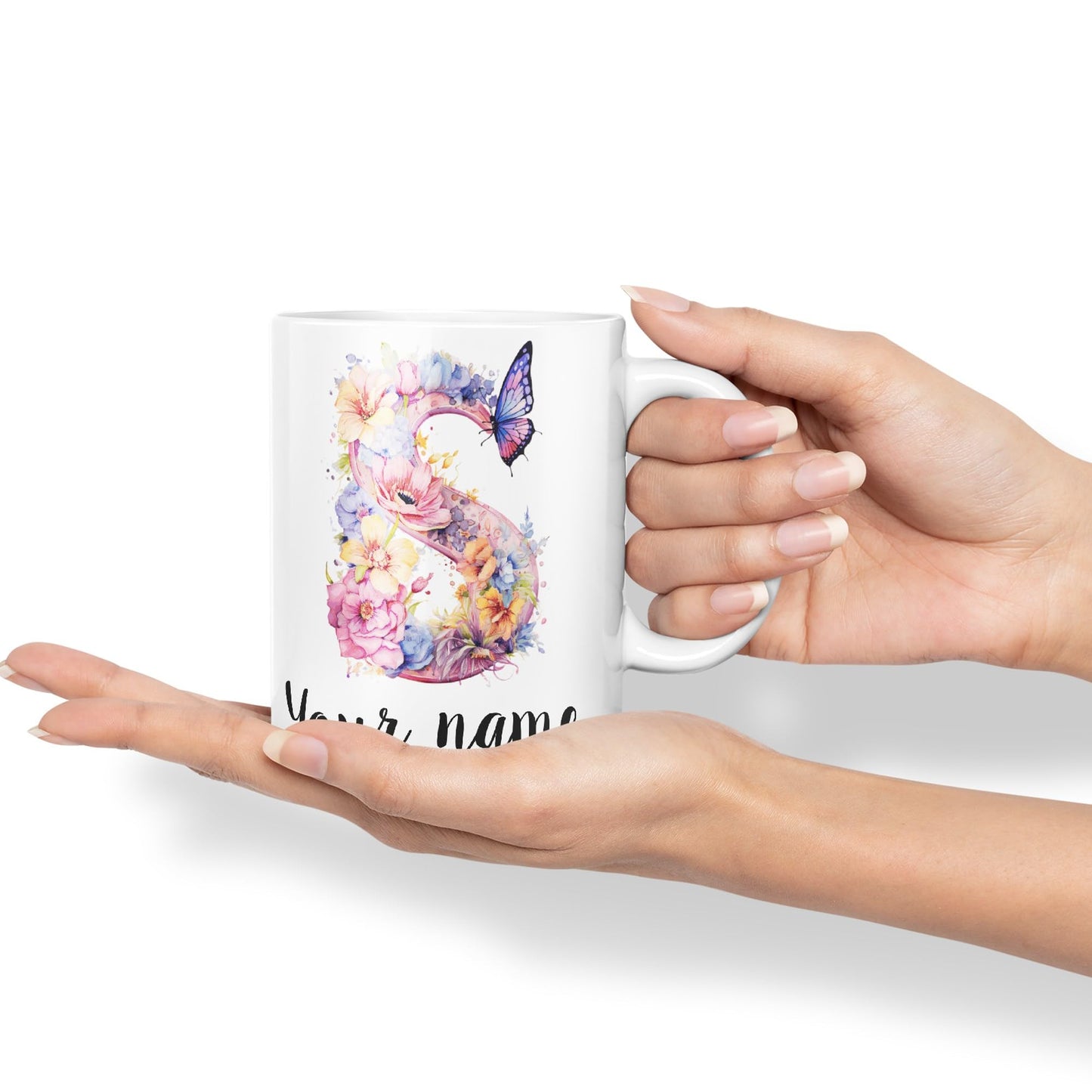 Personalised Letter S mug, Customized Custom Floral flowers butterfly Alphabet Letter S Monogram watercolour Ceramic Coloured Mug Cup for Tea Coffee Hot brew 330ml 11Oz Gift