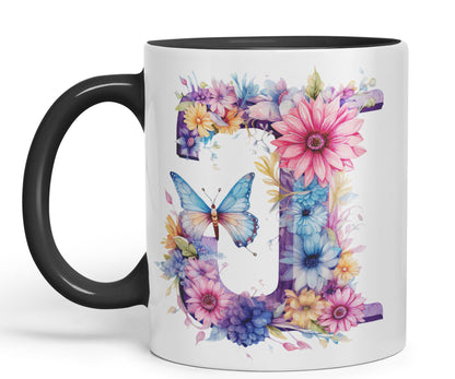 Letter J mug, Floral flowers butterfly Alphabet Letter J Monogram watercolour Ceramic Coloured Mug Cup for Tea Coffee Hot brew 330ml 11Oz Gift