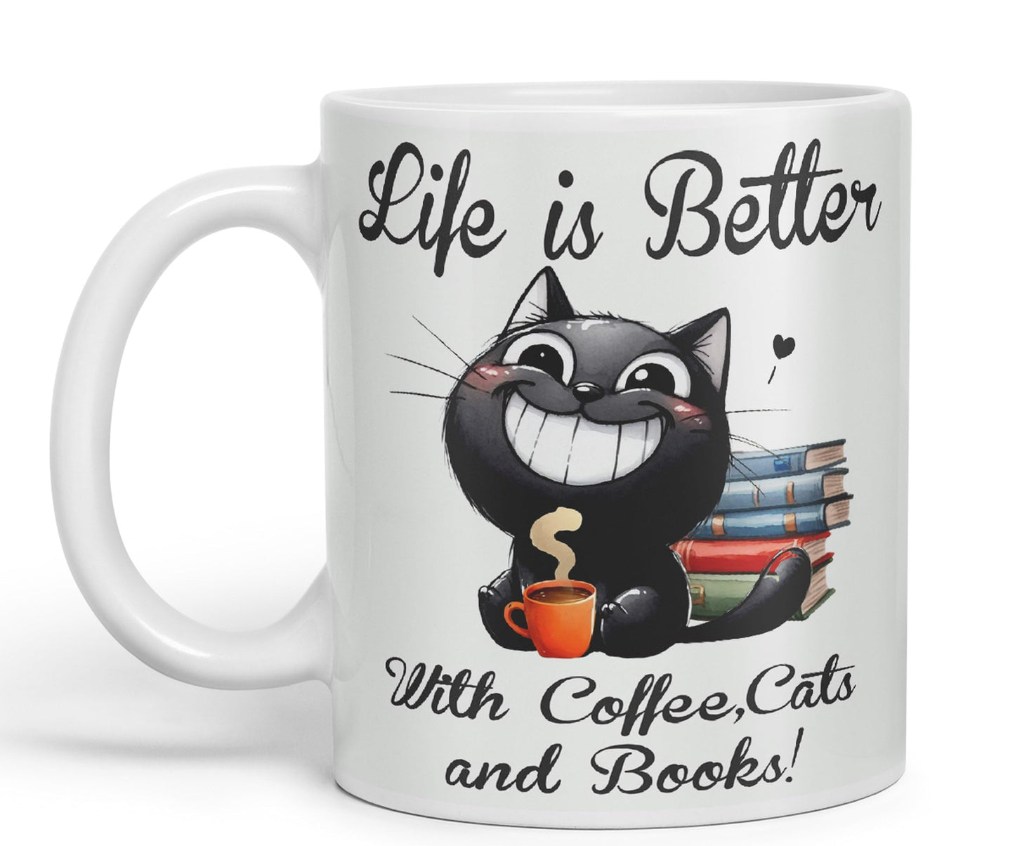 Life is Better with Coffee, Cats and Books, Cat Kitten Joke sarkasm Sarcastic Ceramic Coloured Mug Cup for Tea Coffee Hot Brew 330ml 11Oz Gift