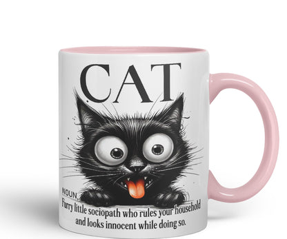Cat Noun, Furry Little sociapath who Rules Your Household and Looks Innocent White Doing so, Joke sarkasm Sarcastic Ceramic Coloured Mug Cup for Tea Coffee Hot Brew 330ml 11Oz Gift