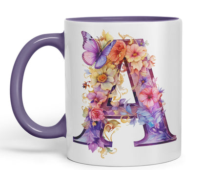 Letter A mug, Floral flowers butterfly Alphabet Letter A Monogram watercolour Ceramic Coloured Mug Cup for Tea Coffee Hot brew 330ml 11Oz Gift