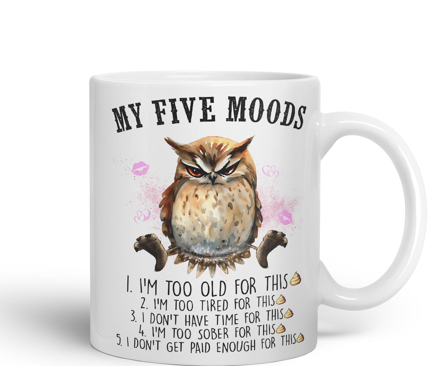 My Five Moods owl Sarcastic Joke Ceramic Coloured Mug Cup for Tea Coffee Hot Brew 330ml 11Oz