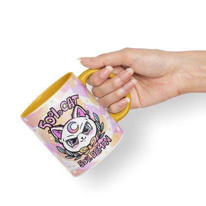 Vixar 50% Cat 50% Demon Cute cat Lovers, Kawaii Joke Coloured Ceramic Mug Cup Gift 330ml 11oz Work Office Tea Coffee