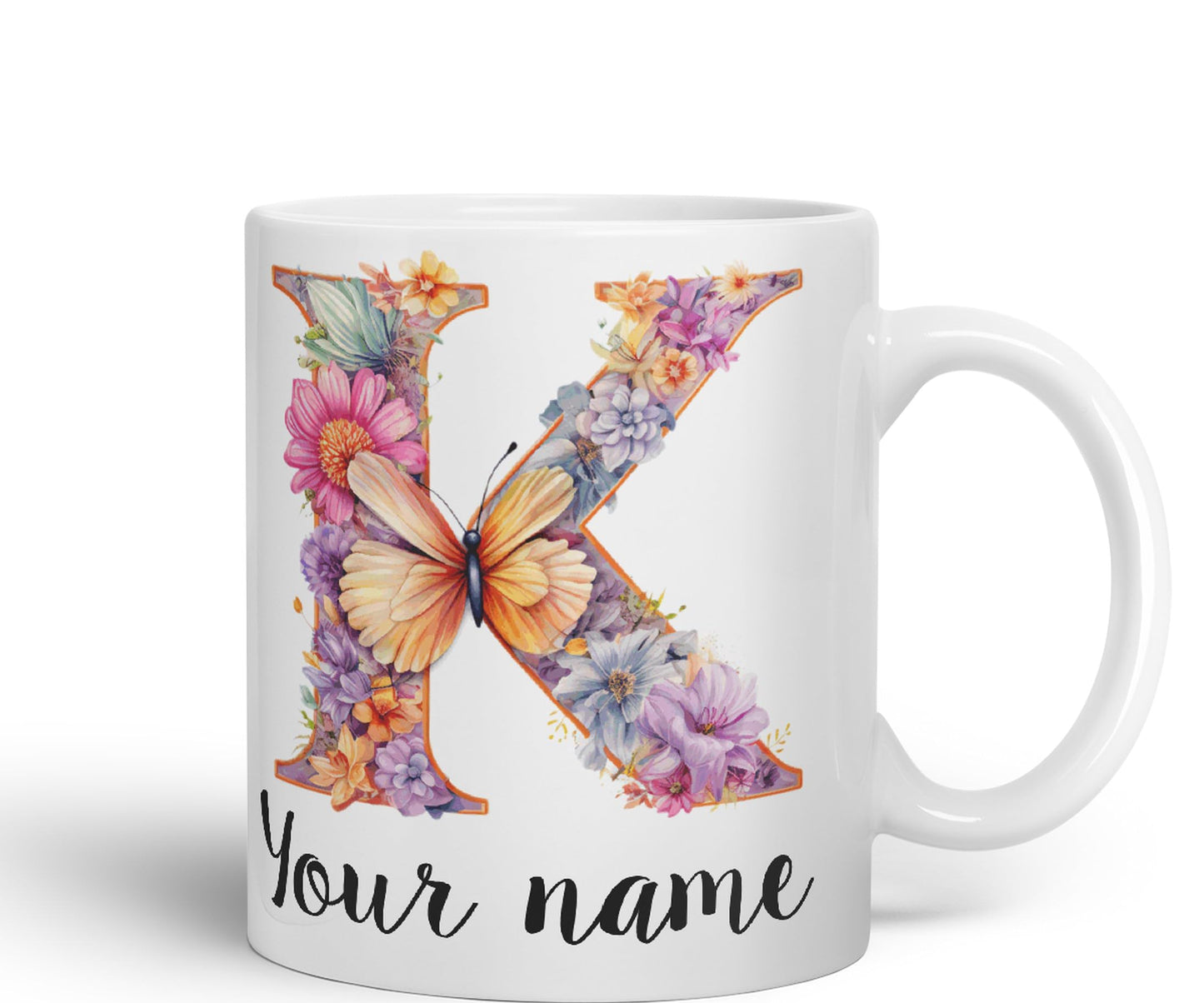 Personalised Letter K mug, Customized Custom Floral flowers butterfly Alphabet Letter K Monogram watercolour Ceramic Coloured Mug Cup for Tea Coffee Hot brew 330ml 11Oz Gift