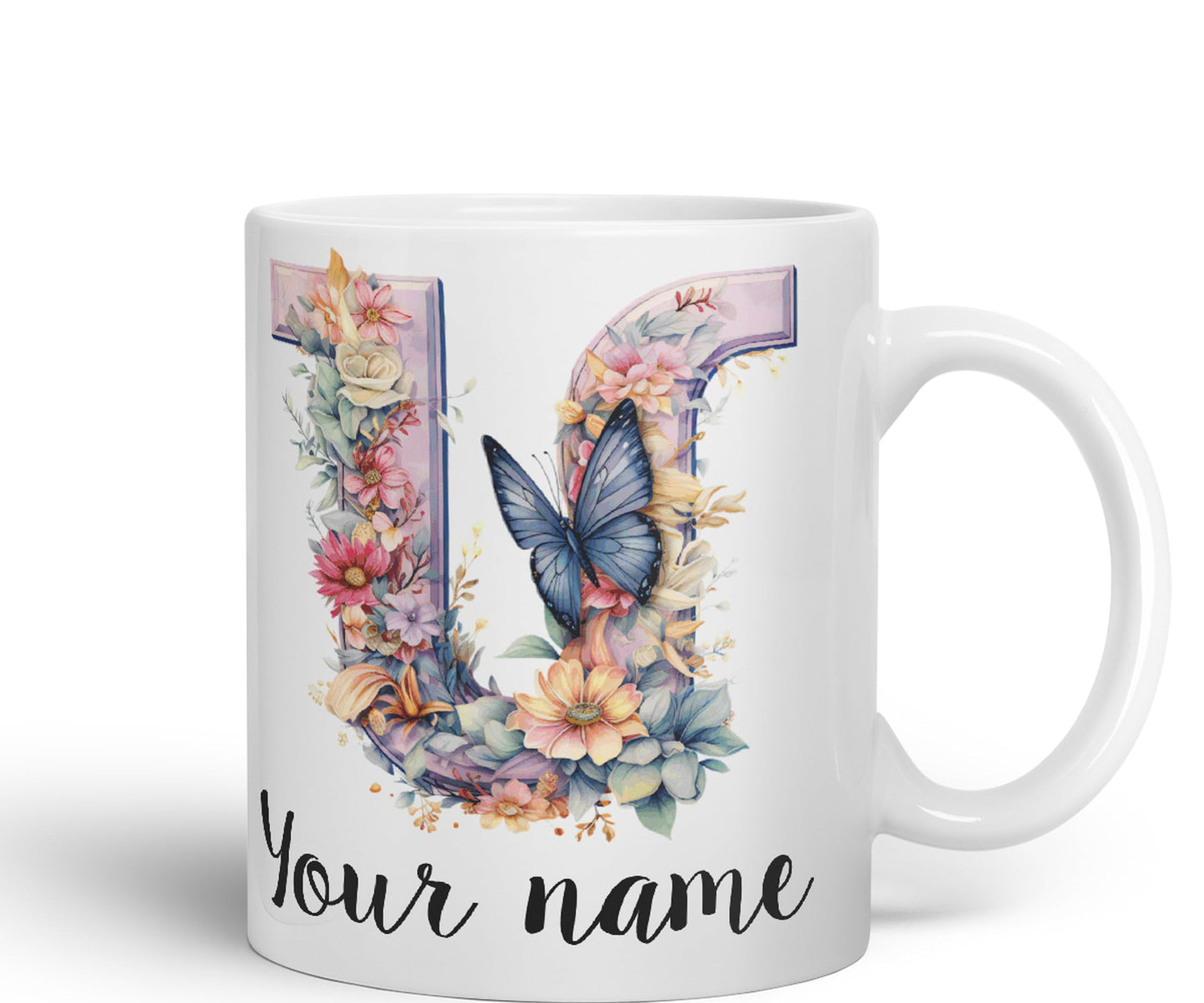 Personalised Letter U mug, Customized Custom Floral flowers butterfly Alphabet Letter U Monogram watercolour Ceramic Coloured Mug Cup for Tea Coffee Hot brew 330ml 11Oz Gift