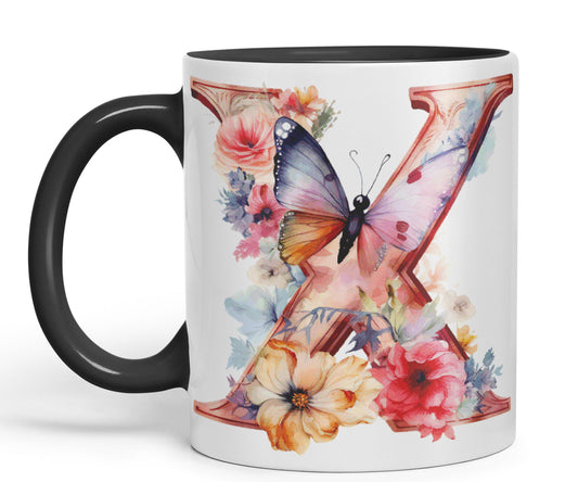 Letter X mug, Floral flowers butterfly Alphabet Letter X Monogram watercolour Ceramic Coloured Mug Cup for Tea Coffee Hot brew 330ml 11Oz Gift