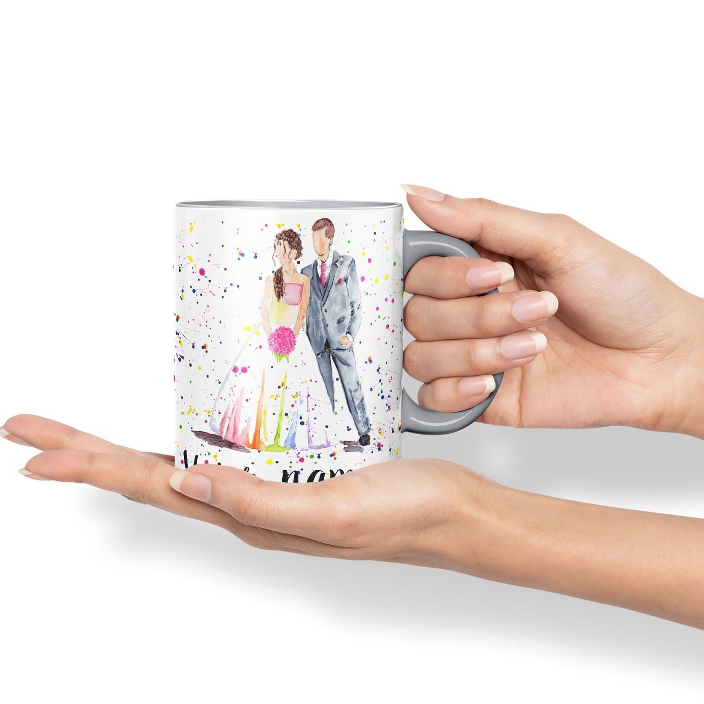 Vixar Personalised with Your Text Wedding Mr and Mrs Bride and Groom Art Coloured Ceramic Mug Cup Gift 330ml 11oz Custom Work Office Tea Coffee