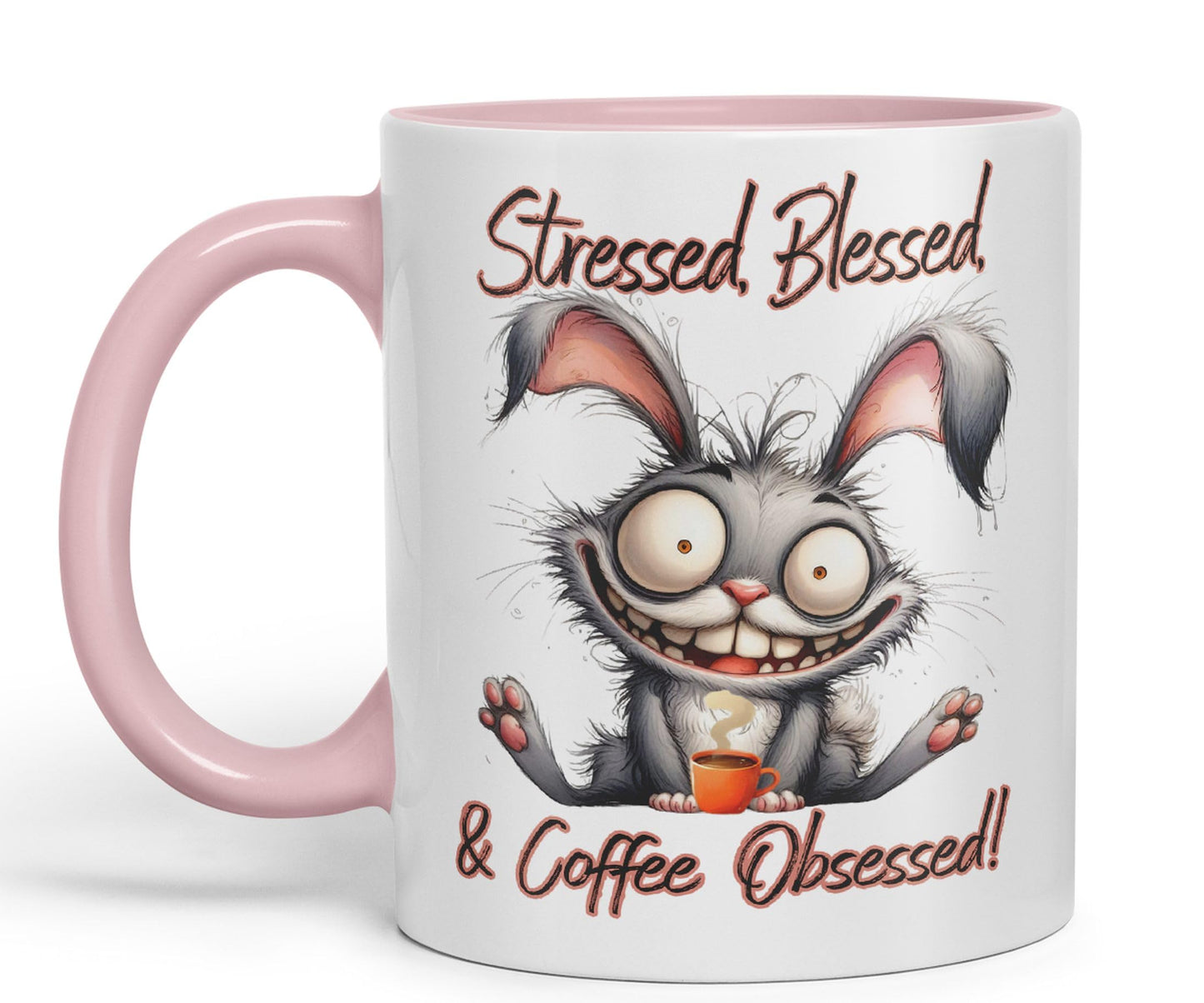 Stressed, Blessed & Coffee Obsessed! Bunny Hare Joke sarkasm Sarcastic Ceramic Coloured Mug Cup for Tea Coffee Hot Brew 330ml 11Oz Gift