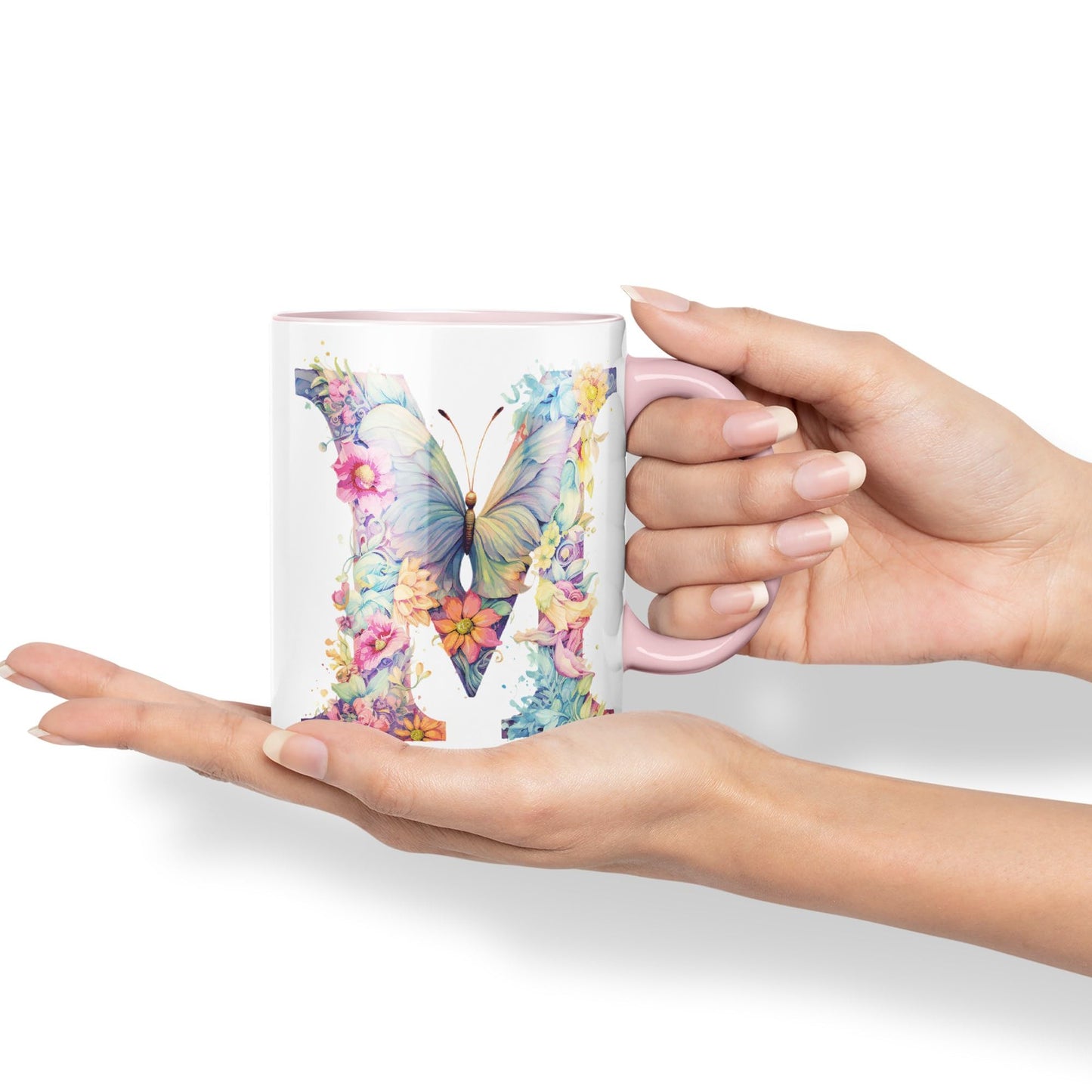 Letter M mug, Floral flowers butterfly Alphabet Letter M Monogram watercolour Ceramic Coloured Mug Cup for Tea Coffee Hot brew 330ml 11Oz Gift
