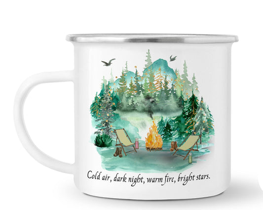 Vixar Enamel Mug Cup, is Ideal for Camping, Caravan, Fishing & Travel, in White with Silver Trim, 10oz, Coffee Tea, Gift, Christmas, Birthday Gift (Cold air, Dark Night, Warm fire)