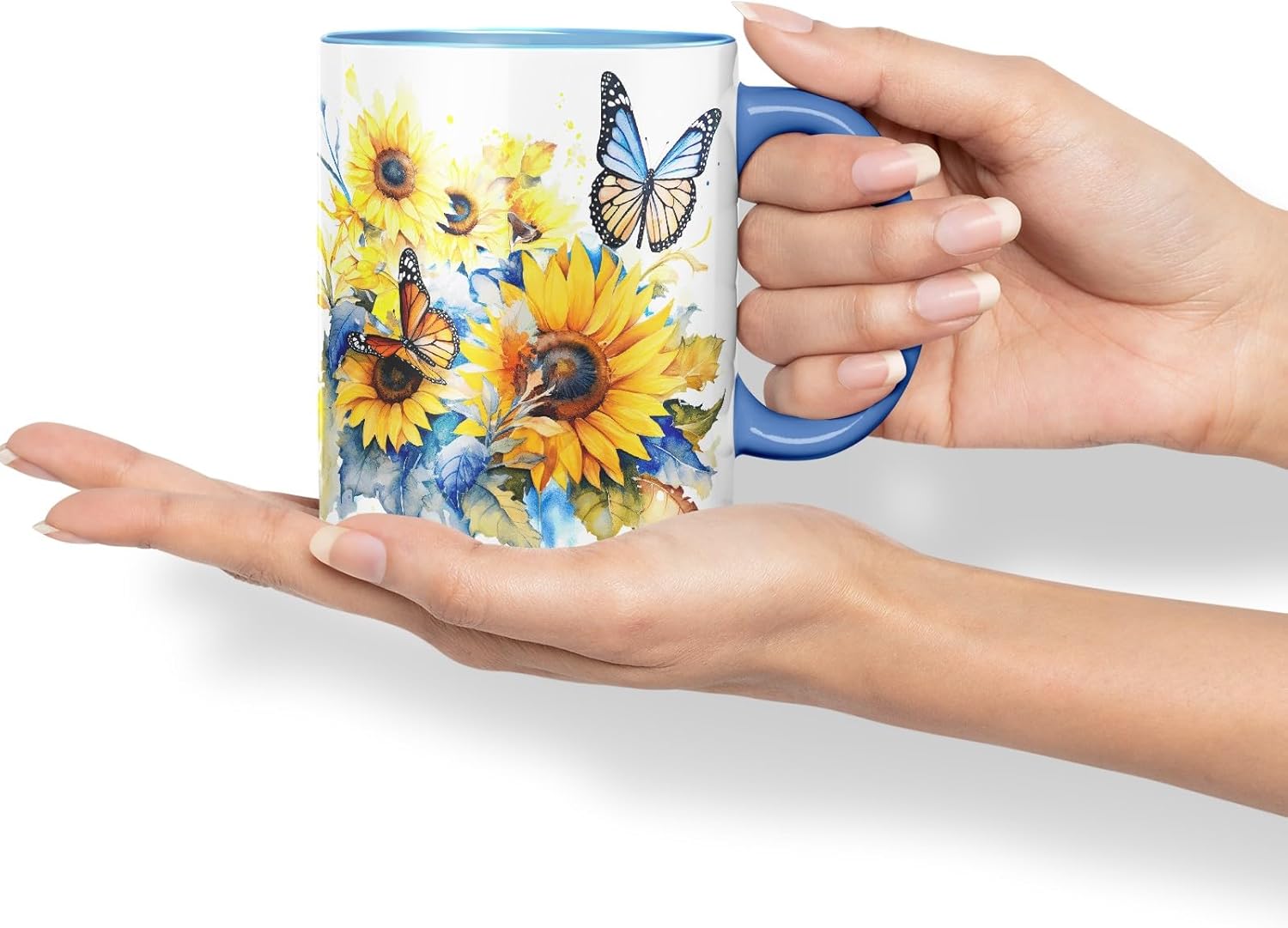 Vixar Ceramic Mug “Sunflower & Butterfly” – Coloured Coffee & Tea Mug Cup 11oz 330ml (Cambridge Blue)