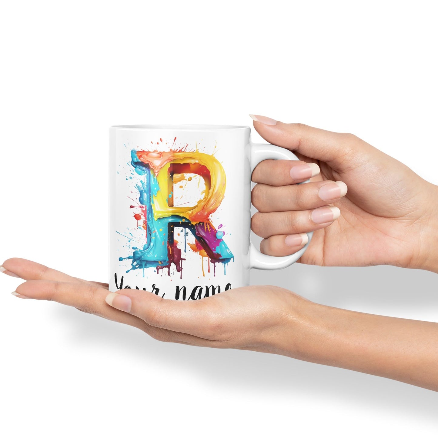 Personalised Letter R mug, Alphabet cusomized custom Letter R Monogram watercolour Ceramic Coloured Mug Cup for Tea Coffee Hot brew 330ml 11Oz Gift