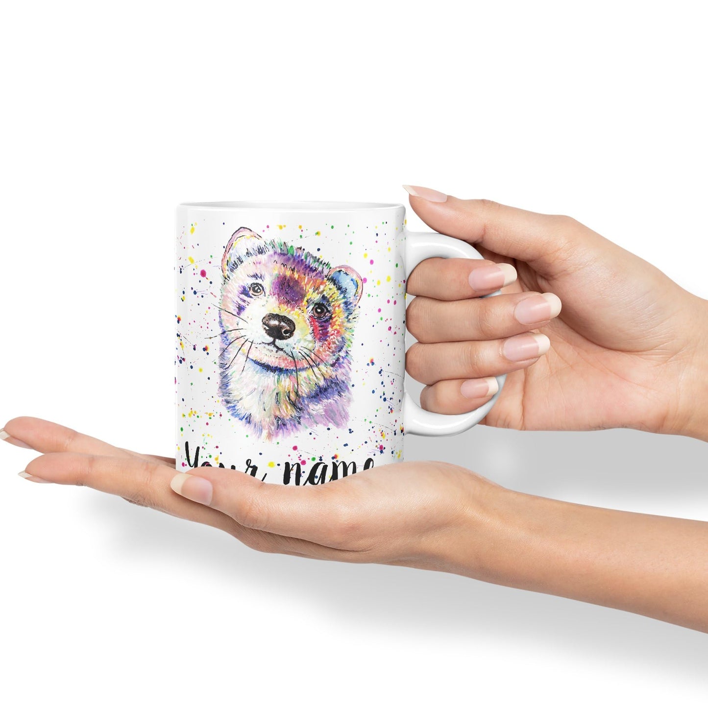 Personalised mug with Your Text name Ferret Pet animals Watercolour Art Coloured Ceramic Mug Cup Gift 330ml 11oz Custom Work Office Tea Coffee