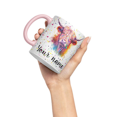 Personalised mug with Your Text name Highland Scottish Cow farm animals Watercolour Art Coloured Ceramic Mug Cup Gift 330ml 11oz Custom Work Office Tea Coffee HC4