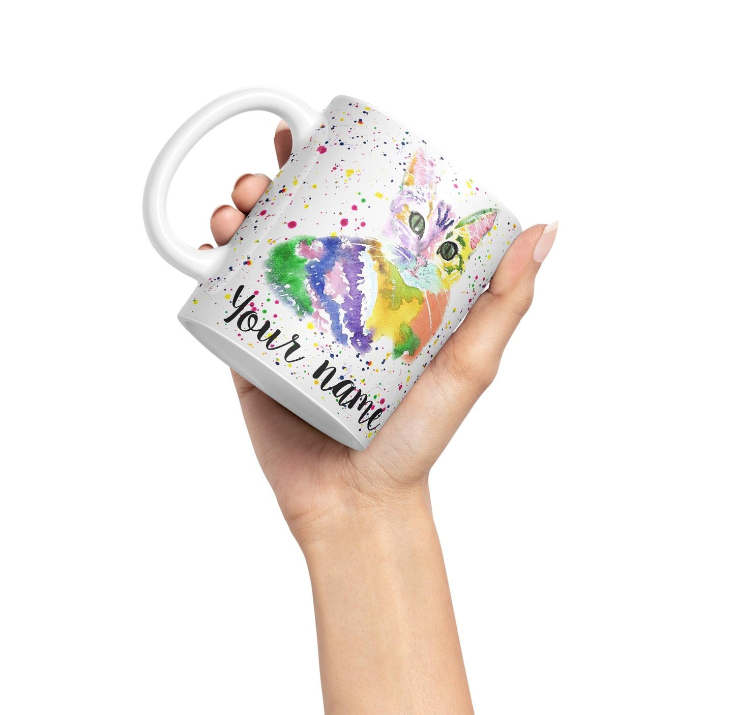 Vixar Personalised with Your Text Cat Kitten Feline Pet Animals Watercolour Art Coloured Ceramic Mug Cup Gift 330ml 11oz Custom Work Office Tea Coffee