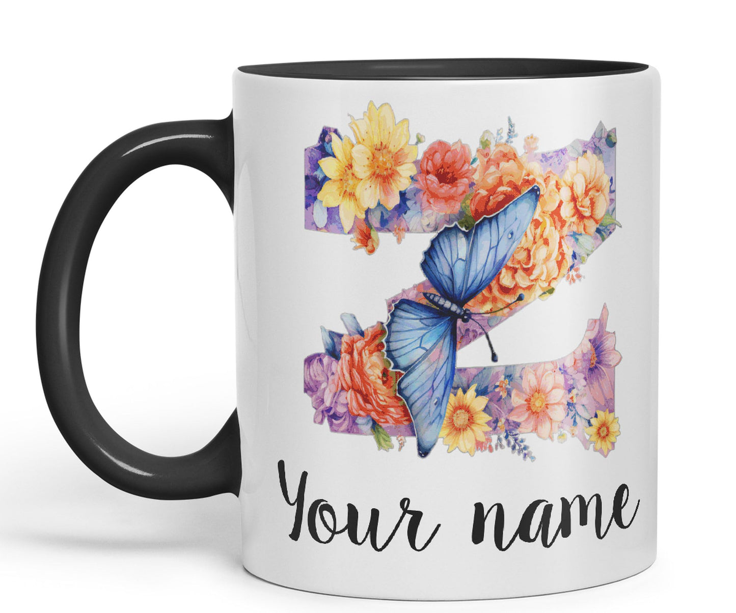 Personalised Letter Z mug, Customized Custom Floral flowers butterfly Alphabet Letter Z Monogram watercolour Ceramic Coloured Mug Cup for Tea Coffee Hot brew 330ml 11Oz Gift