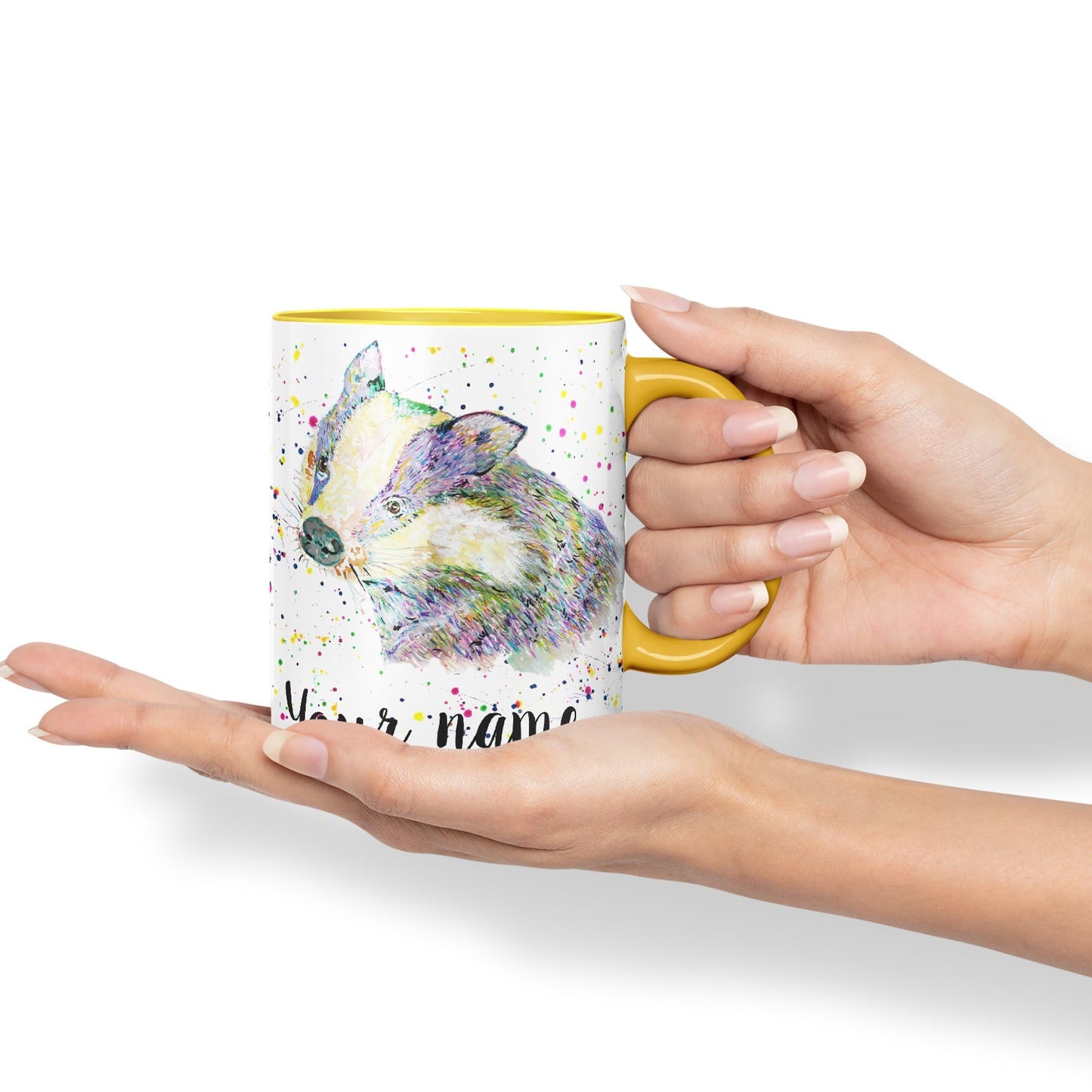 Personalised mug with Your Text name Badger animals Watercolour Art Coloured Ceramic Mug Cup Gift 330ml 11oz Custom Work Office Tea Coffee