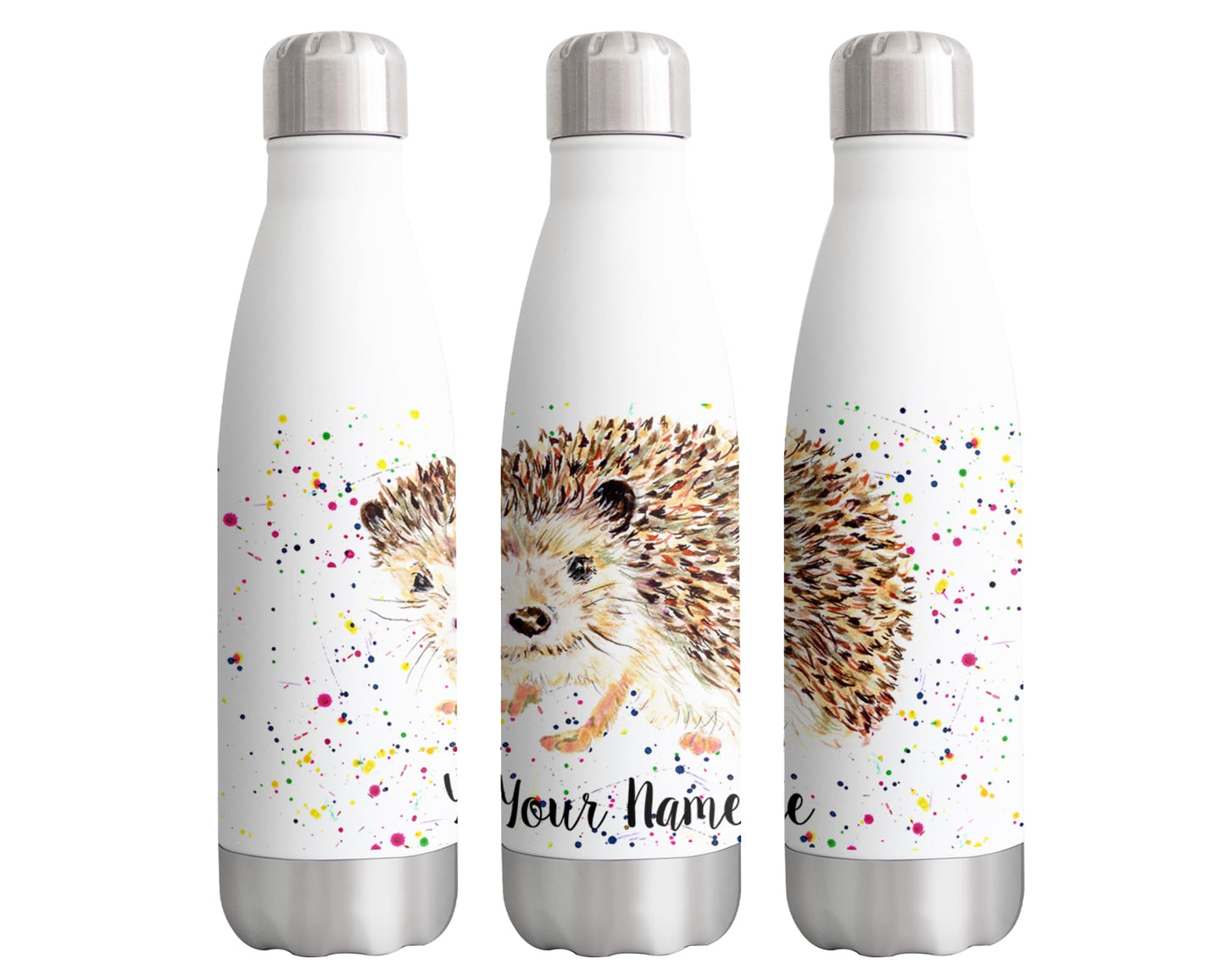 Vixar Hedgehog Personalised Custom Bottle with your Text/name Watercolour Art wildlife animal Bottle double Wall insulated Stainless steel sport Drinks 500ml Hv2