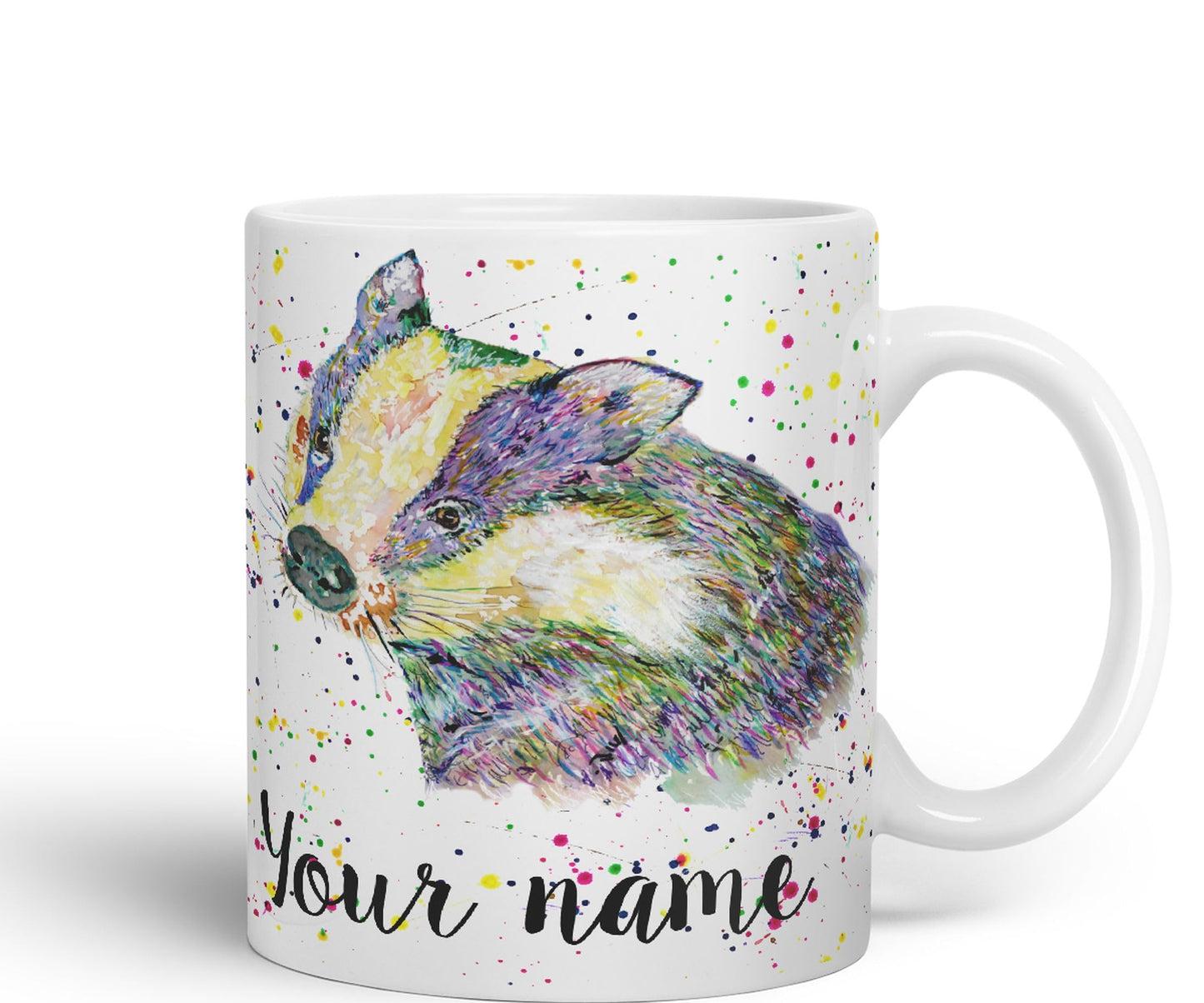 Personalised mug with Your Text name Badger animals Watercolour Art Coloured Ceramic Mug Cup Gift 330ml 11oz Custom Work Office Tea Coffee