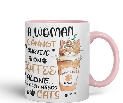 Vixar A Woman Cannot Survive on Coffee Cats Sarcastic Joke Ceramic Coloured Mug Cup for Tea Coffee Hot Brew 330ml 11Oz