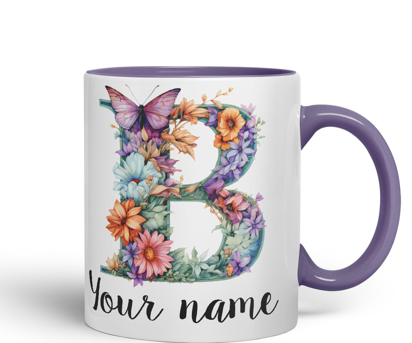 Personalised Letter B mug, Customized Custom Floral flowers butterfly Alphabet Letter B Monogram watercolour Ceramic Coloured Mug Cup for Tea Coffee Hot brew 330ml 11Oz Gift