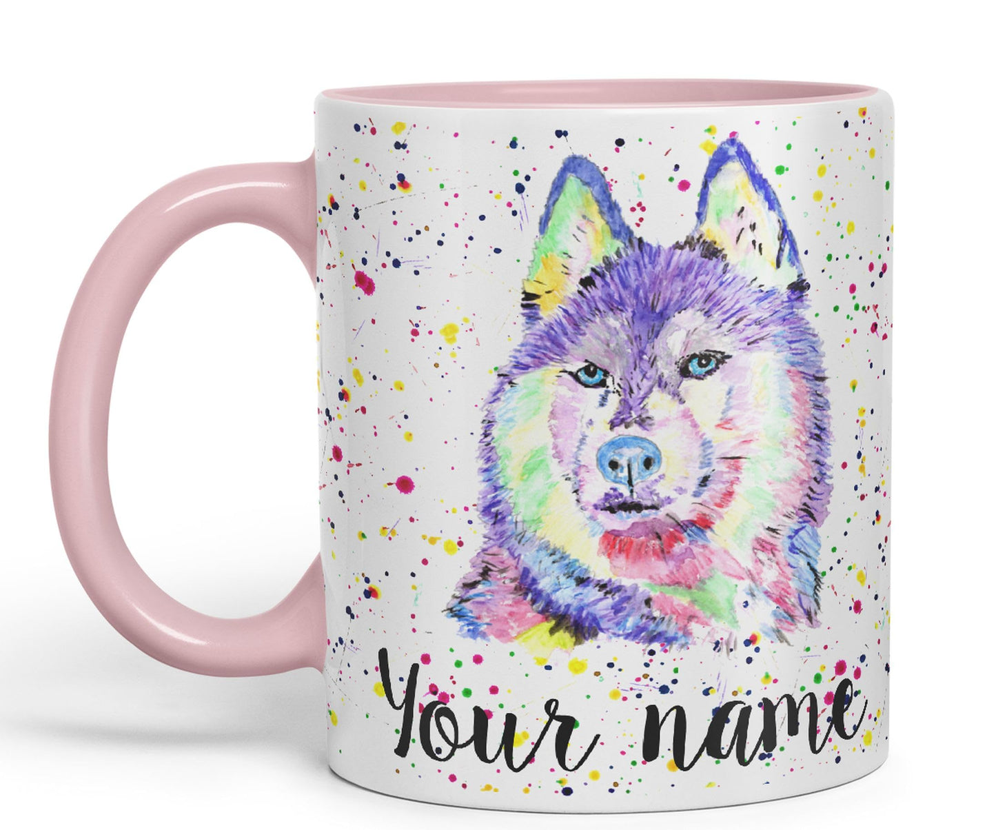 Vixar Personalised with Your Text Husky Snow Dog Pet Animals Watercolour Art Coloured Ceramic Mug Cup Gift 330ml 11oz Custom Work Office Tea Coffee