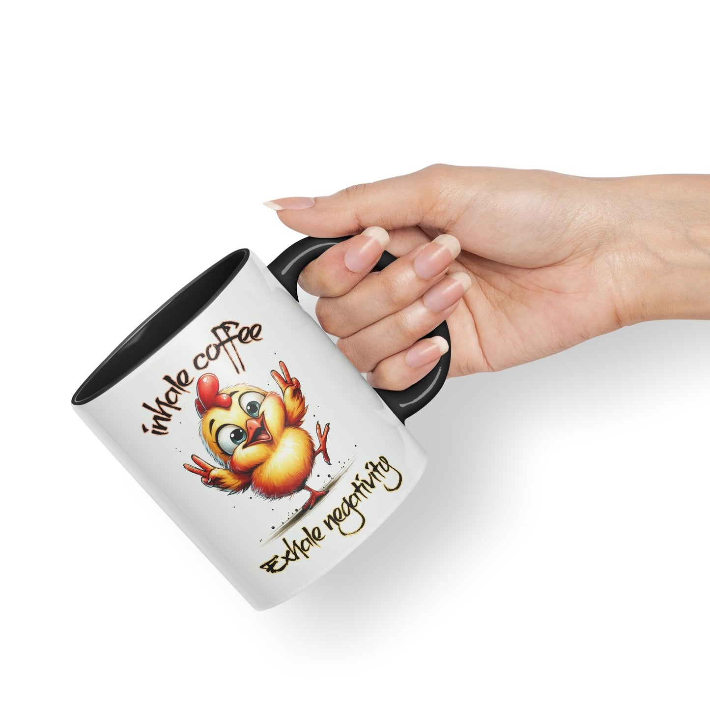 Inhale Coffee Exhale Negativity Chicken Joke sarkasm Sarcastic Ceramic Coloured Mug Cup for Tea Coffee Hot Brew 330ml 11Oz Gift