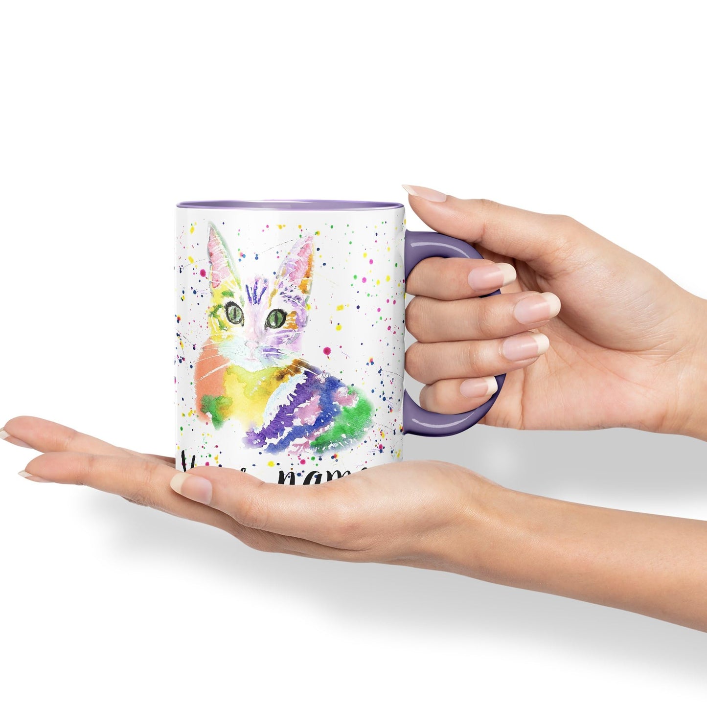 Vixar Personalised with Your Text Cat Kitten Feline Pet Animals Watercolour Art Coloured Ceramic Mug Cup Gift 330ml 11oz Custom Work Office Tea Coffee