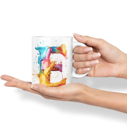 Letter E mug, Alphabet Letter E Monogram watercolour Ceramic Coloured Mug Cup for Tea Coffee Hot brew 330ml 11Oz Gift