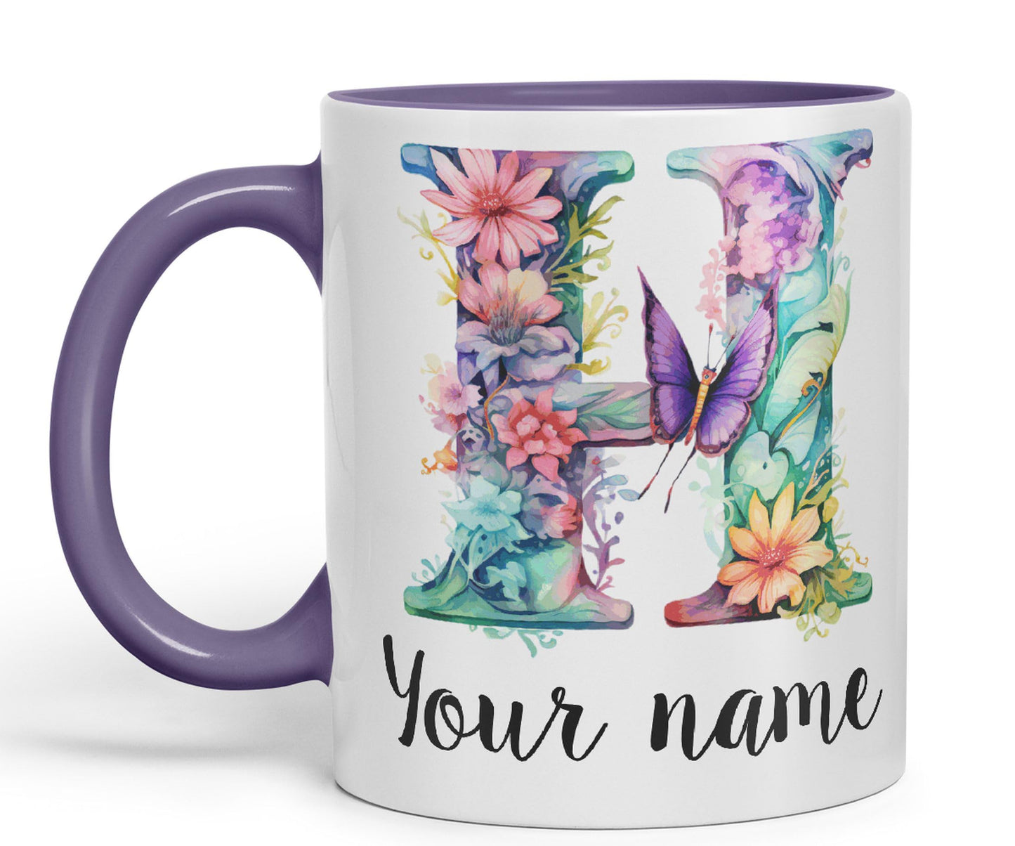 Personalised Letter H mug, Customized Custom Floral flowers butterfly Alphabet Letter H Monogram watercolour Ceramic Coloured Mug Cup for Tea Coffee Hot brew 330ml 11Oz Gift