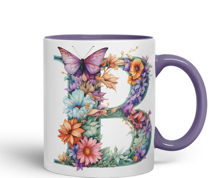 Letter B mug, Floral flowers butterfly Alphabet Letter B Monogram watercolour Ceramic Coloured Mug Cup for Tea Coffee Hot brew 330ml 11Oz Gift