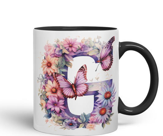 Letter G mug, Floral flowers butterfly Alphabet Letter G Monogram watercolour Ceramic Coloured Mug Cup for Tea Coffee Hot brew 330ml 11Oz Gift