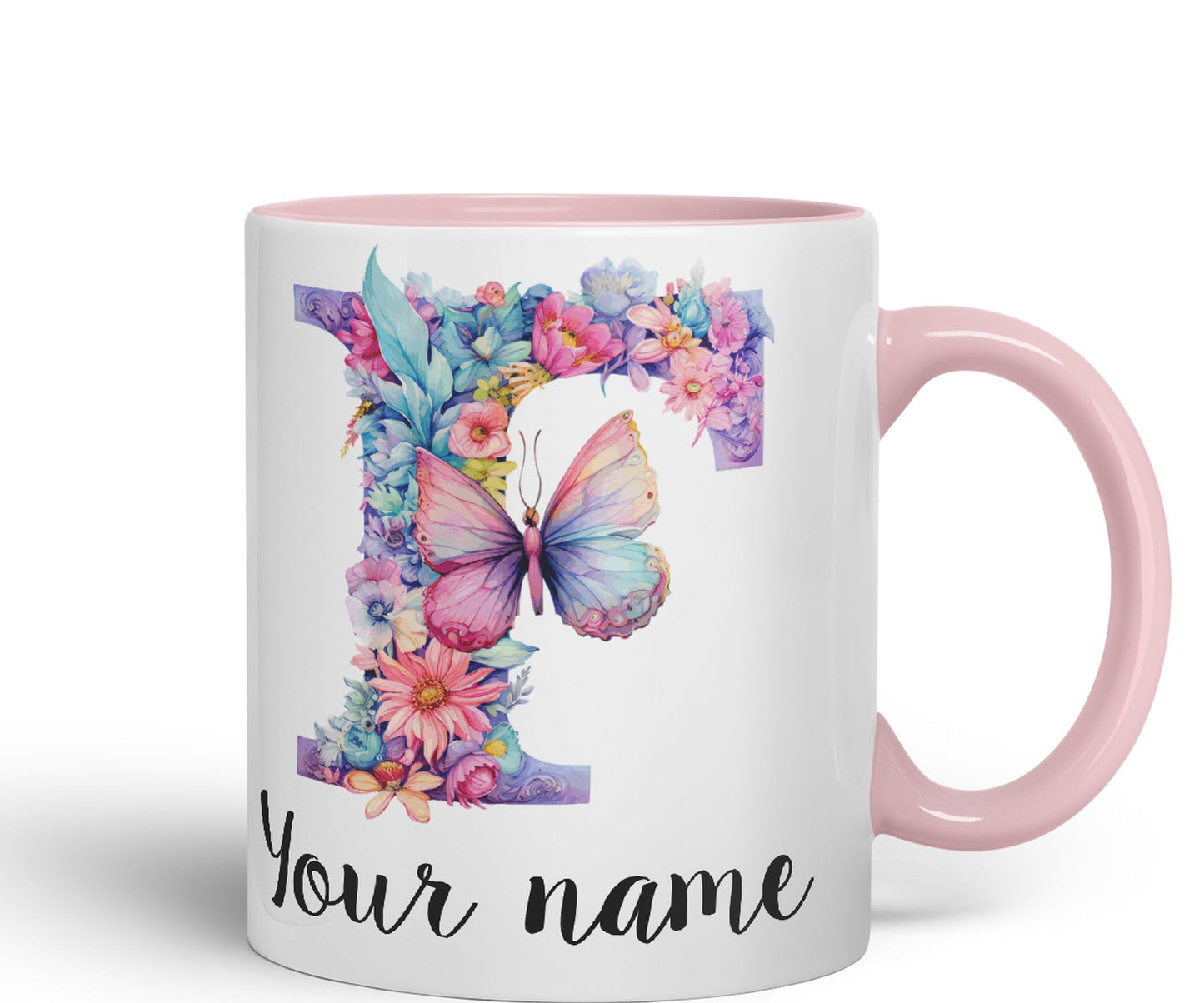 Personalised Letter F mug, Customized Custom Floral flowers butterfly Alphabet Letter F Monogram watercolour Ceramic Coloured Mug Cup for Tea Coffee Hot brew 330ml 11Oz Gift