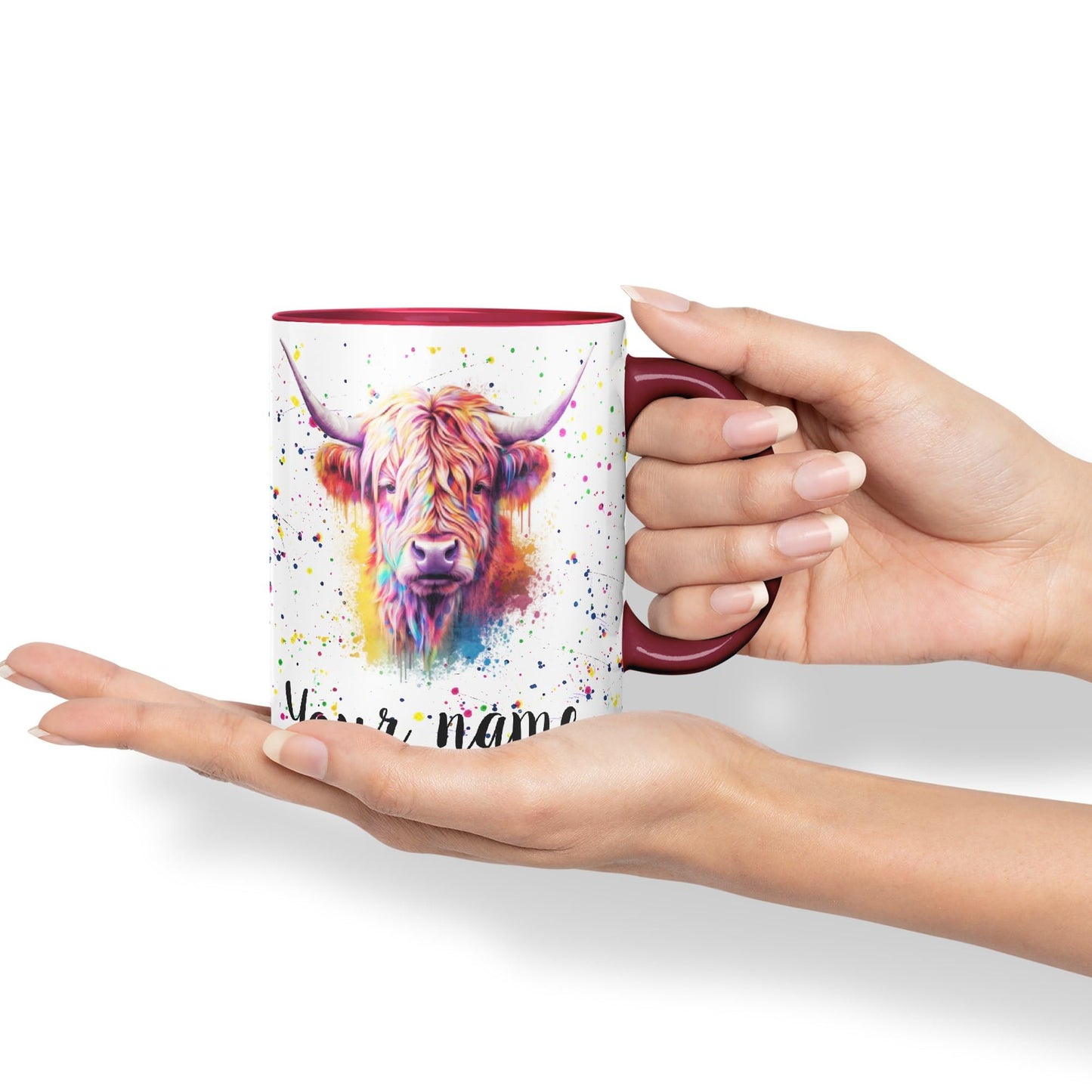 Personalised mug with Your Text name Highland Scottish Cow farm animals Watercolour Art Coloured Ceramic Mug Cup Gift 330ml 11oz Custom Work Office Tea Coffee HC4